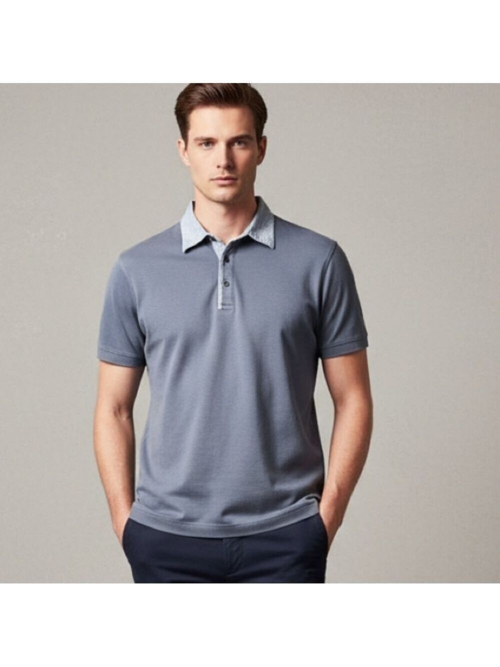 James Campbell Slate Blue Contrast Collar Polo Shirt Coastal, Grandpa-core Sz L